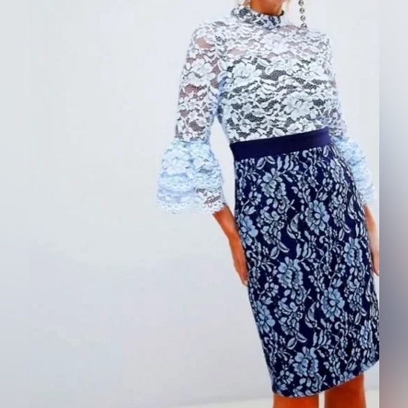 Paper Dolls Blue Lace Pencil Dress with Bell Sleeves - Picture 1 of 5